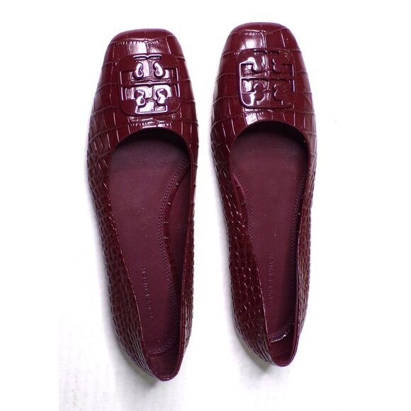 TORY BURCH Croc Embossed Logo Ballet Flats Shoes Claret 8 - Picture 3 of 10